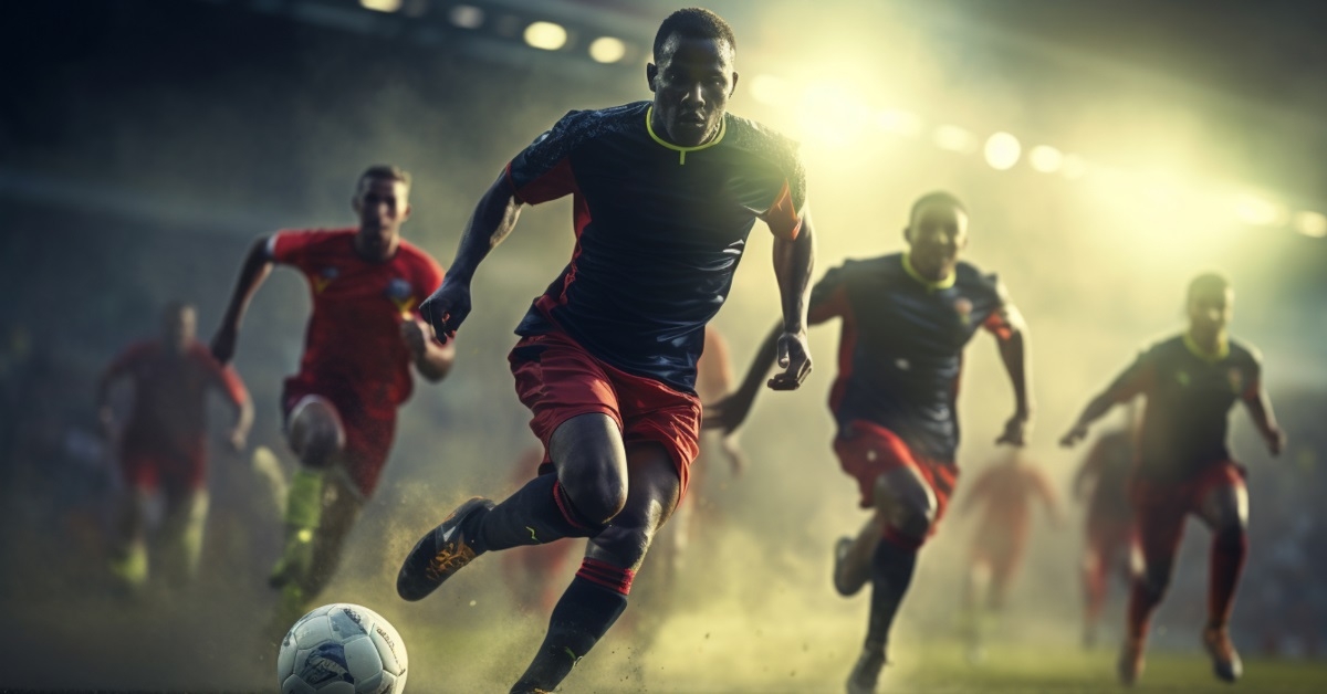 soccer players chasing ball in field