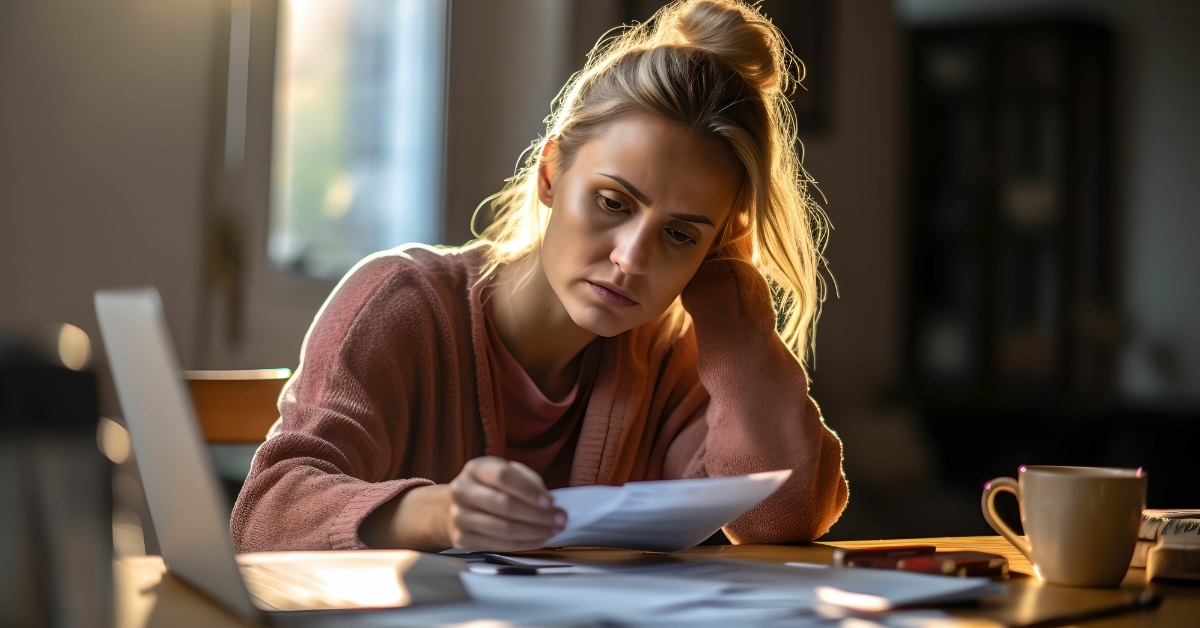 depressed woman reviewing bills at home