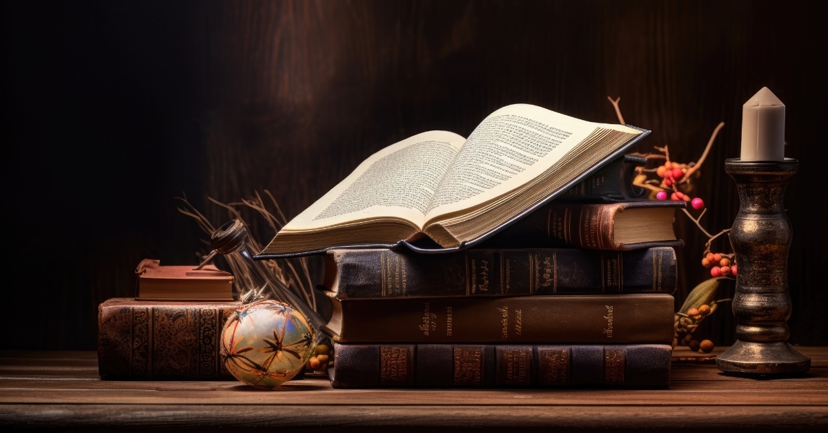 vintage books stacked on table