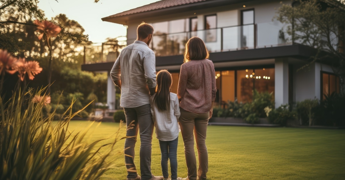 family admiring new house from outside