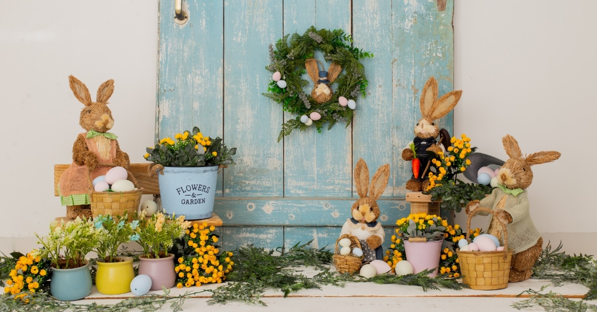 easter decorations outside blue rustic door