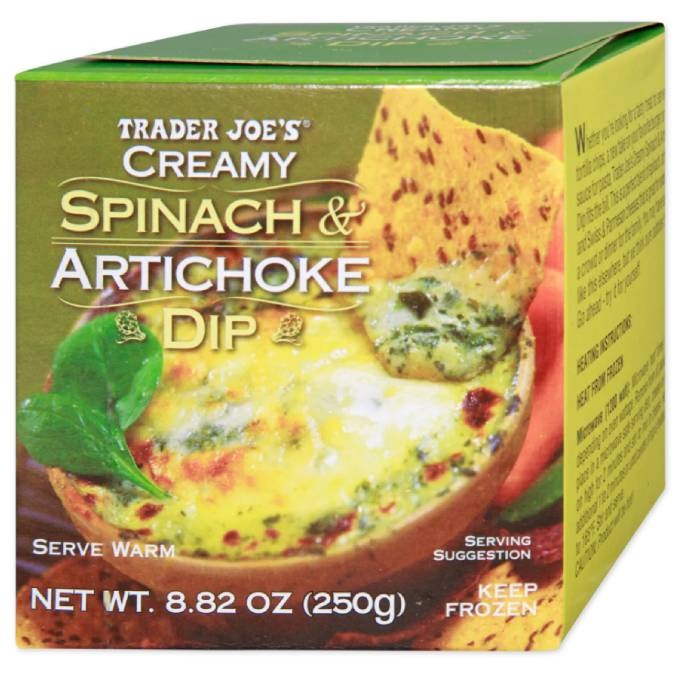 box of trader joe's creamy spinach and artichoke dip