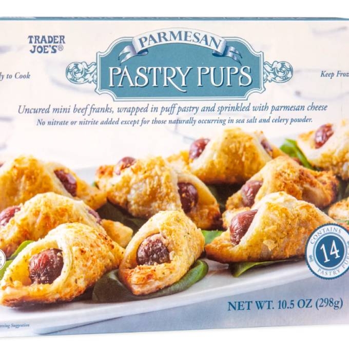 box of Trader Joe's parmesan pastry pups