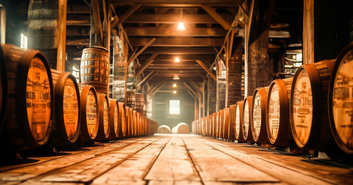 a row of aged whiskey barrels