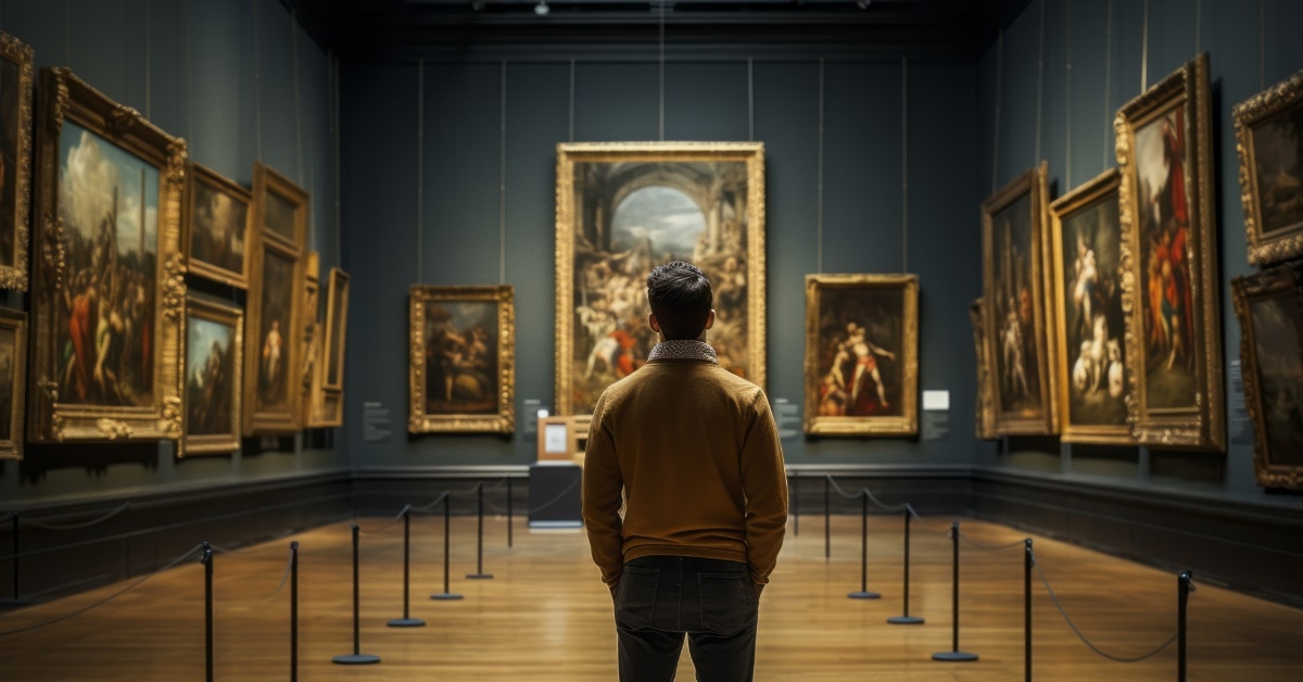 man admiring renaissance paintings in museum