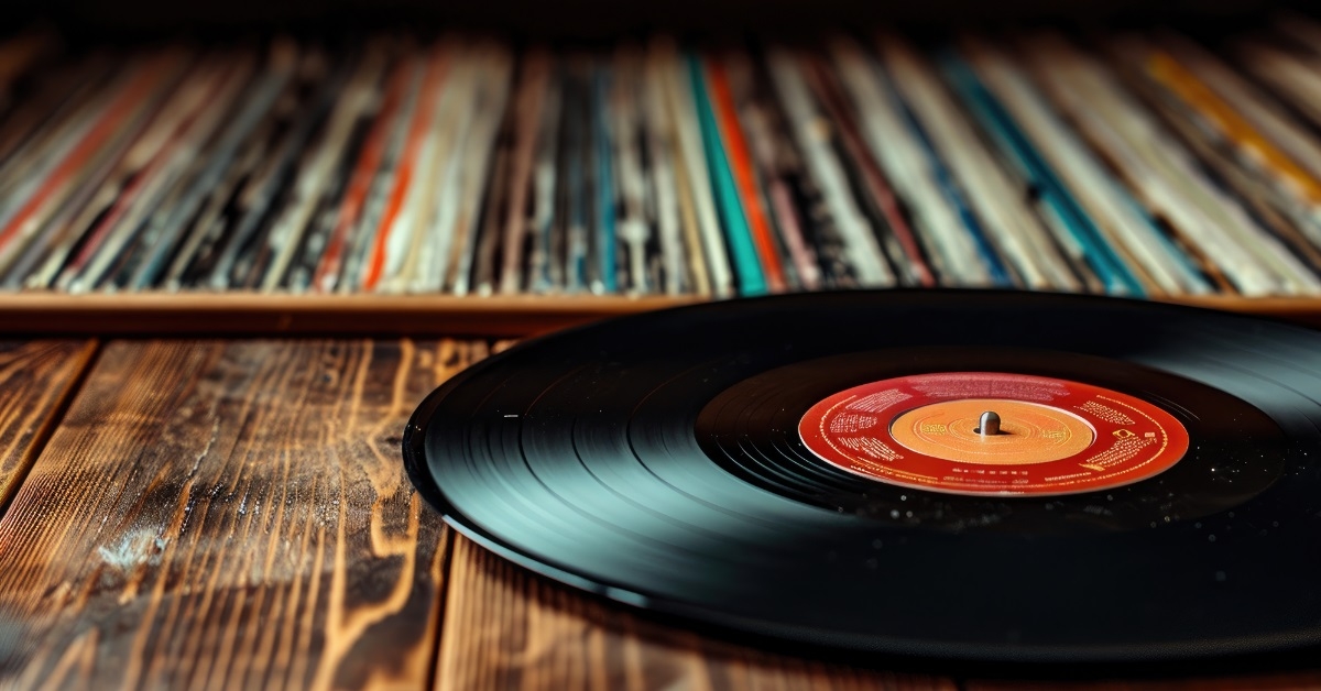 vinyl record collection in wooden drawer