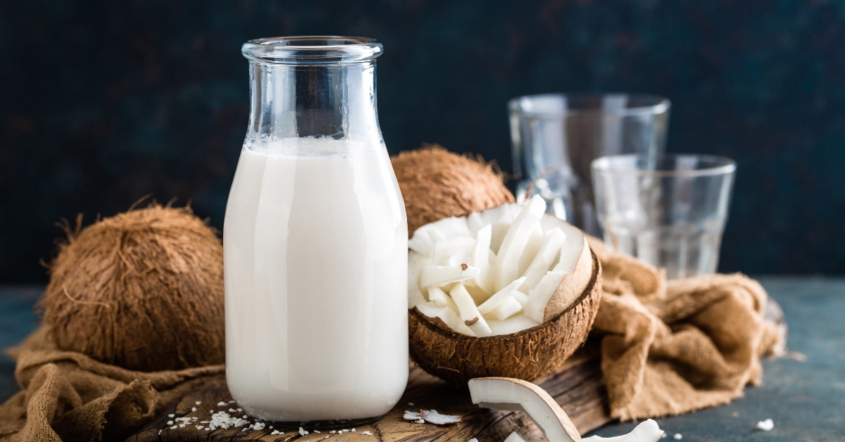 coconut milk in glass bottle