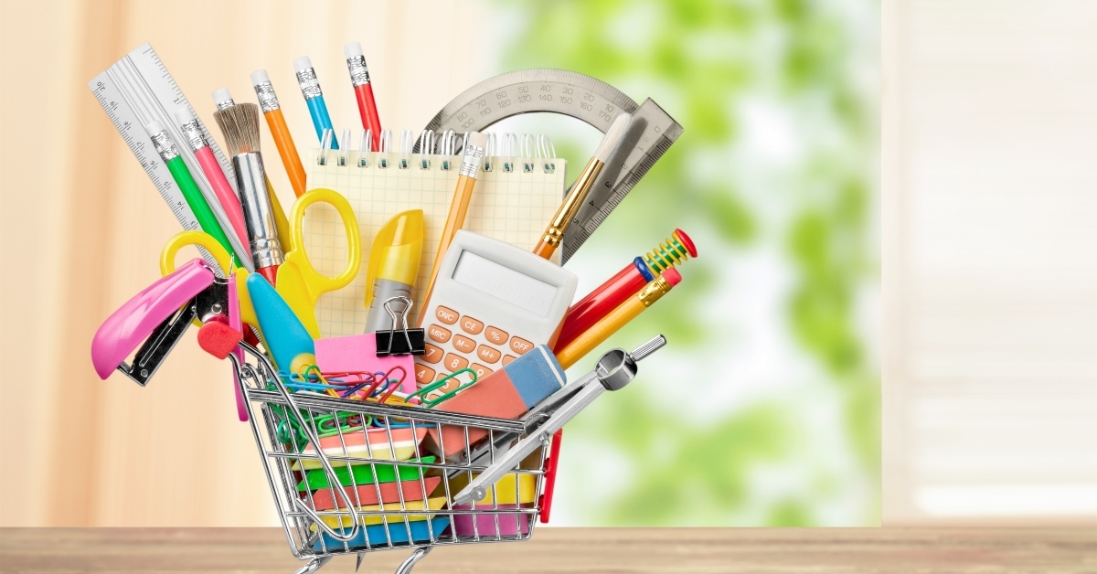 school supplies in a cart