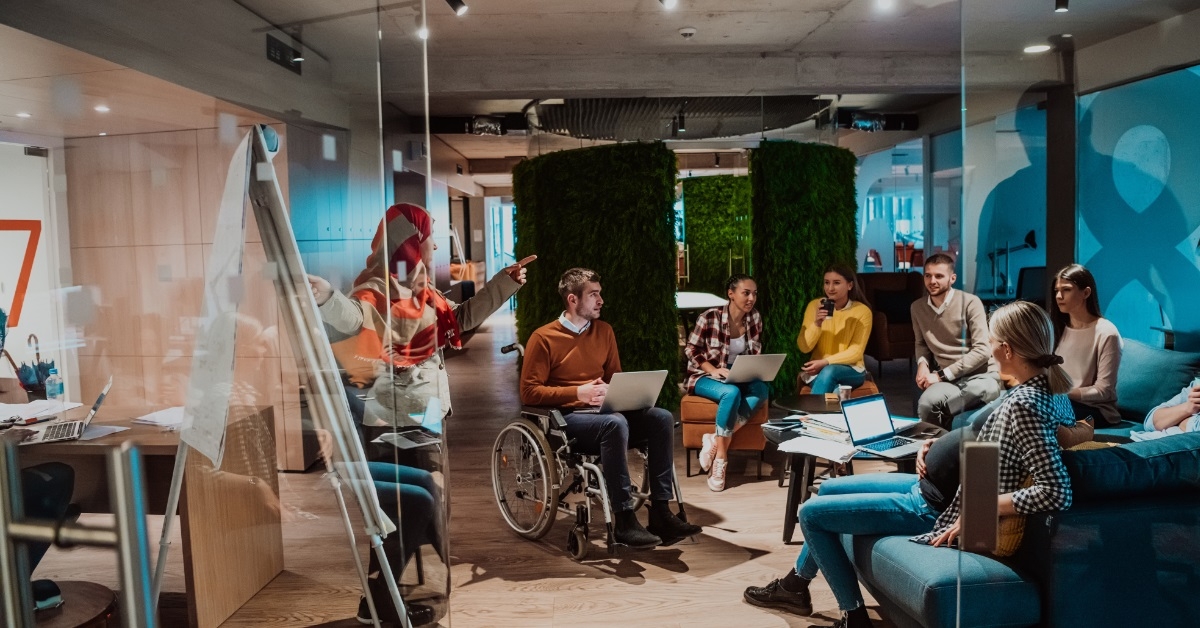 diverse colleagues collaborating in modern office