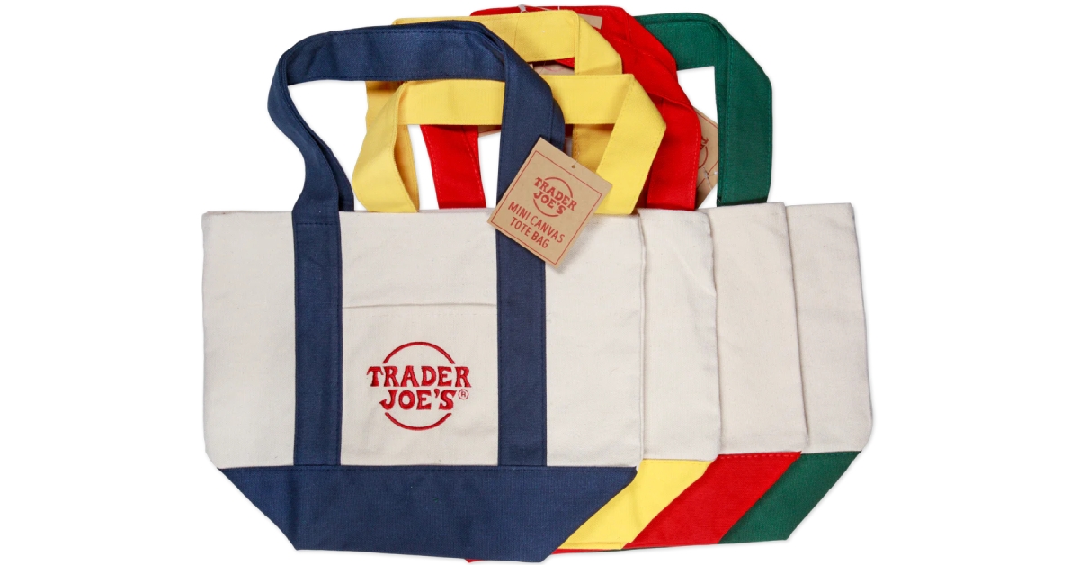 Trader Joe's mini tote bags in blue, yellow, red, and green