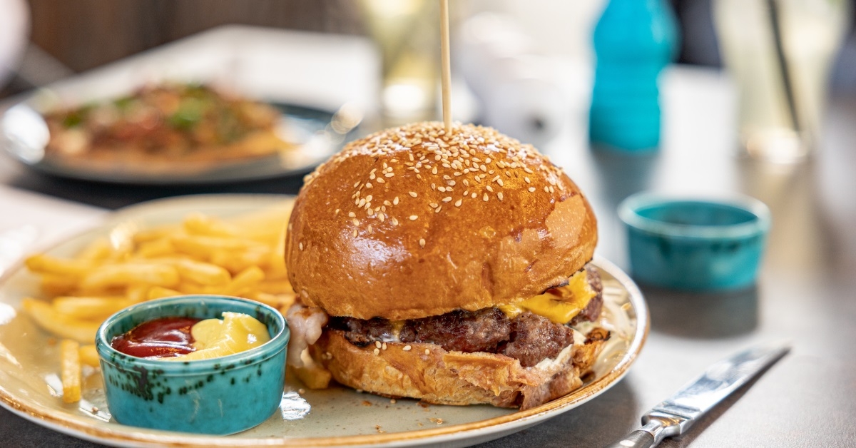 burger and fries plate at restaurant