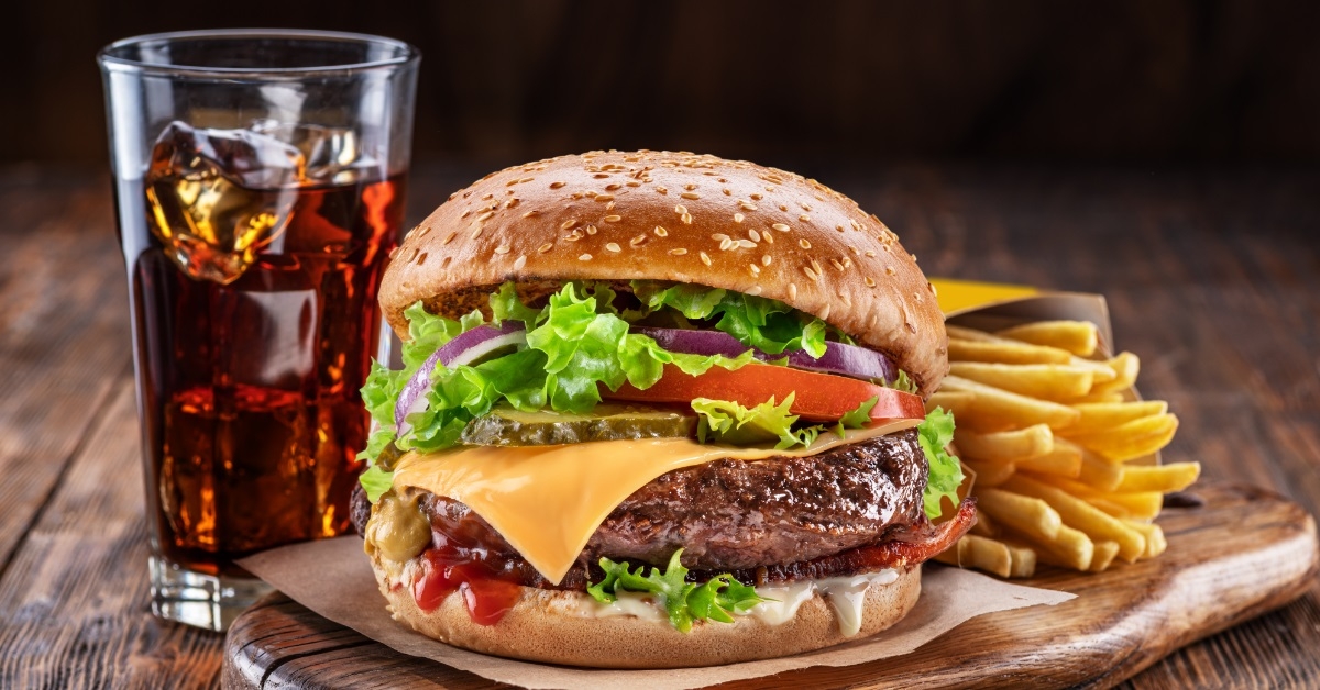 burger with cola and potato fries 