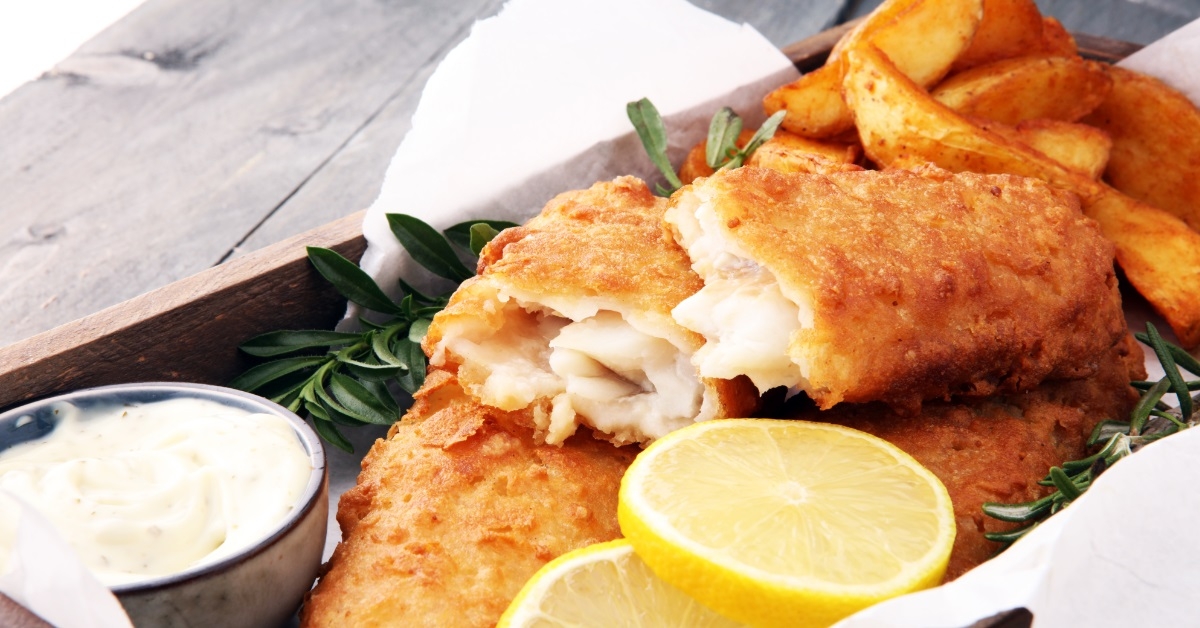 fish and chips with potato lemon