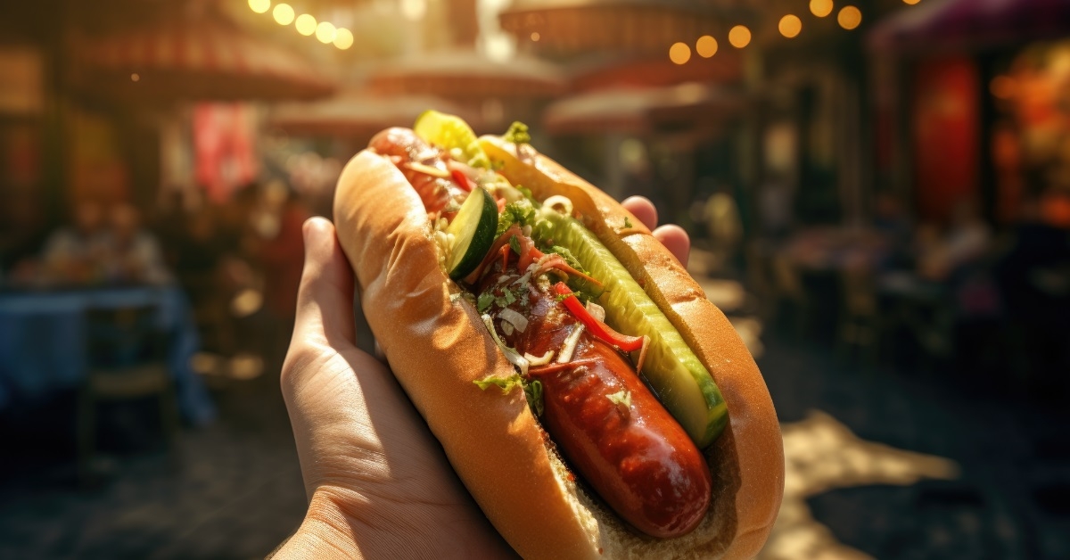 hand holding hot dog outdoors