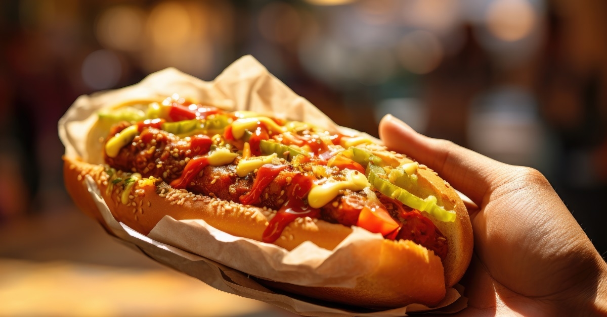 hot dog garnished with pickles