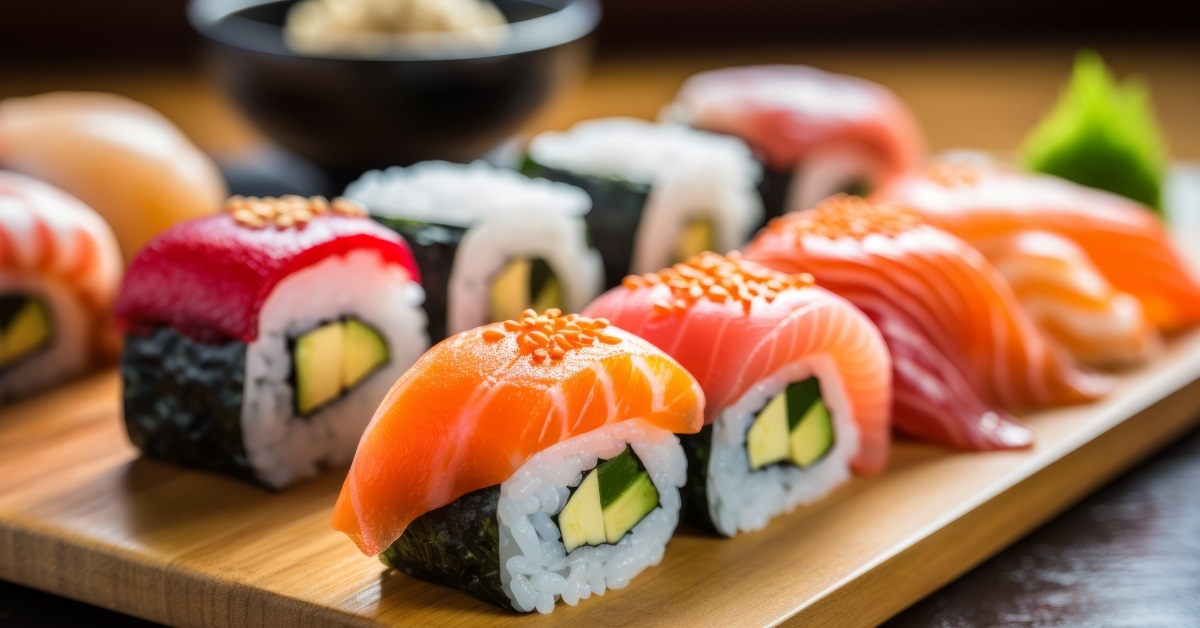 sushi on table in japanese restaurant