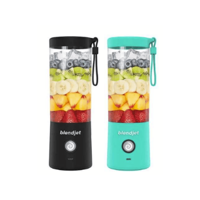 Two Blendjet with a mix of fruits inside, one black and one blue.