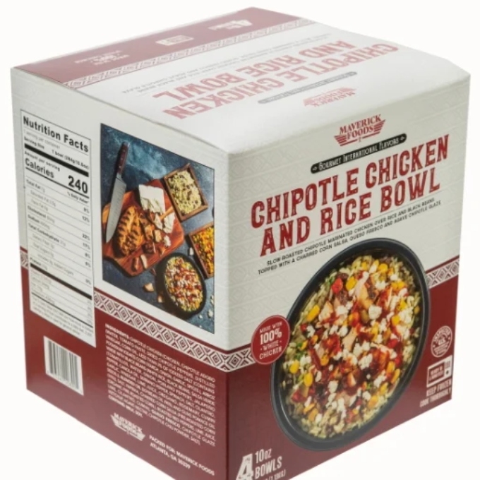 Box of Maverick chipotle chicken and rice bowls