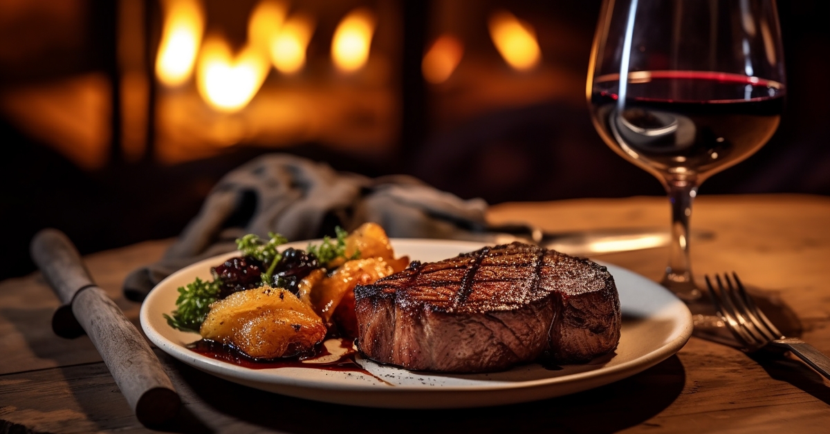beef steak with wine glass