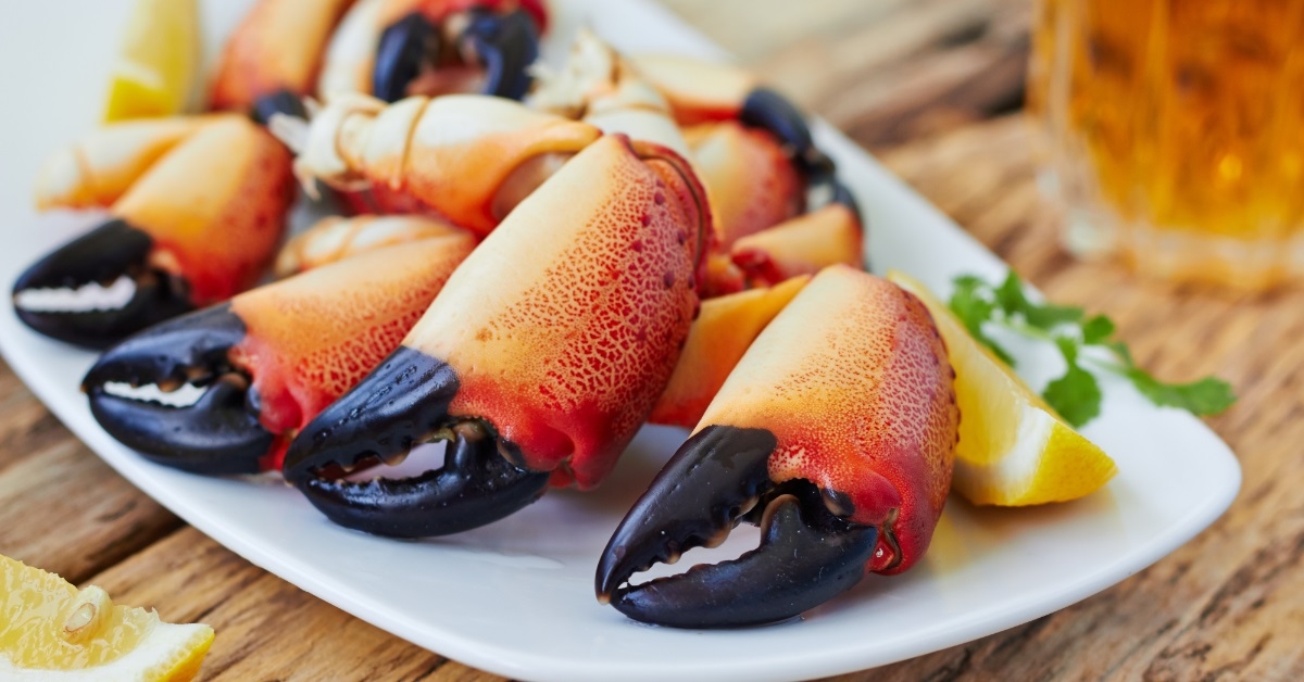 boiled crab claws plate besides beer