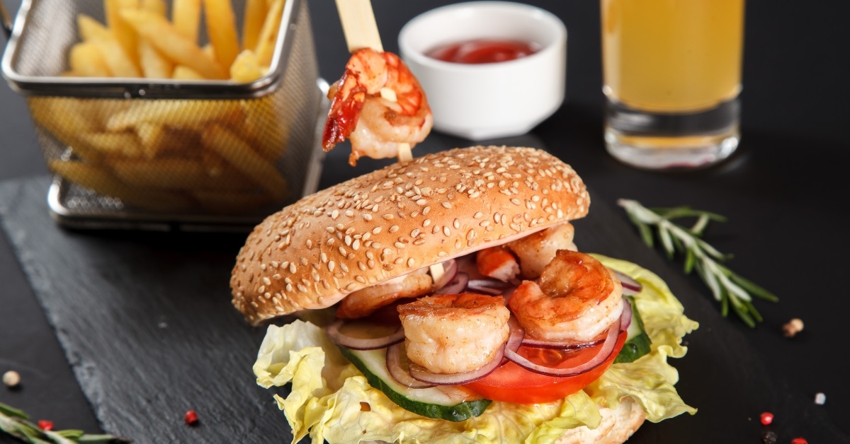 shrimp burger with fries