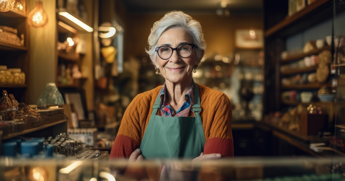 female shop owner looking out