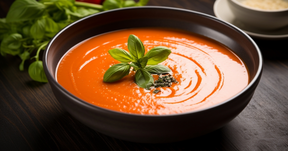 tomato bisque with basil leaf