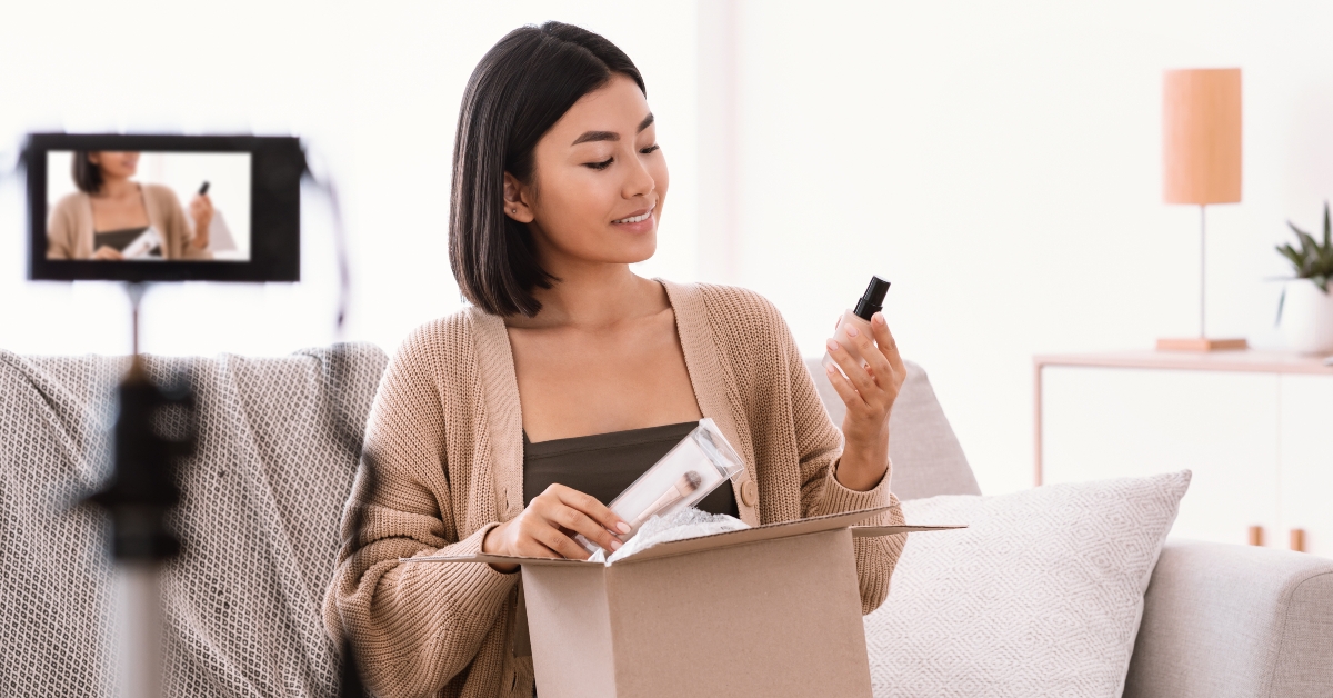 woman recording product review