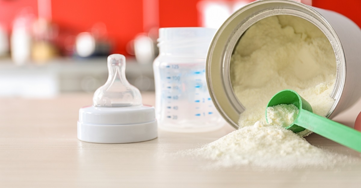 Baby milk formula on kitchen counter