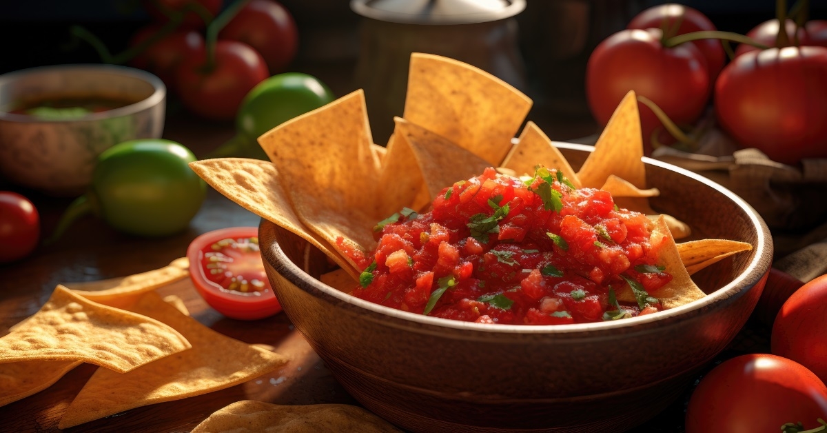 bowl of salsa with tortillas