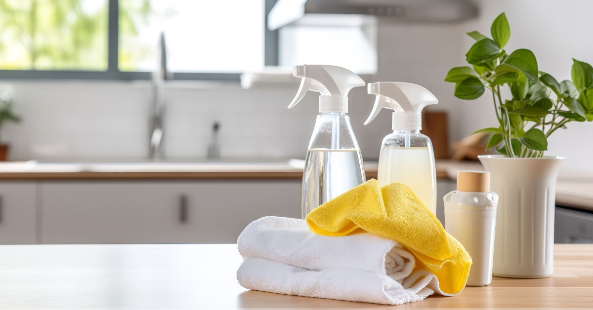 cleaning products on wooden table