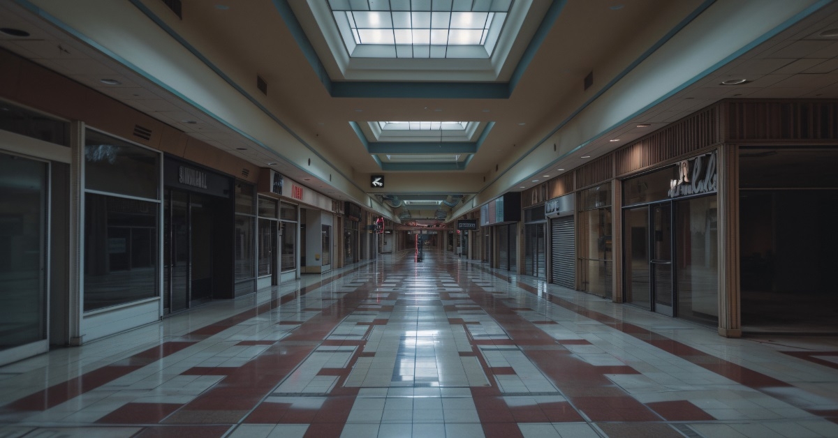 abandoned mall corridor with closed shops