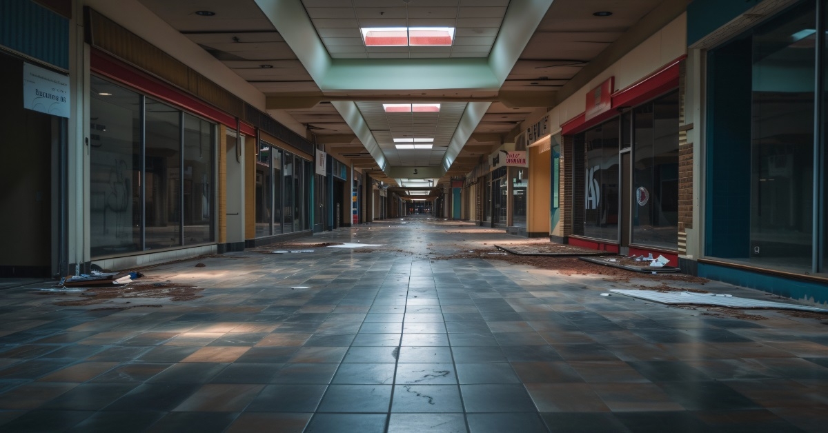 abandoned mall corridor with demolished shops