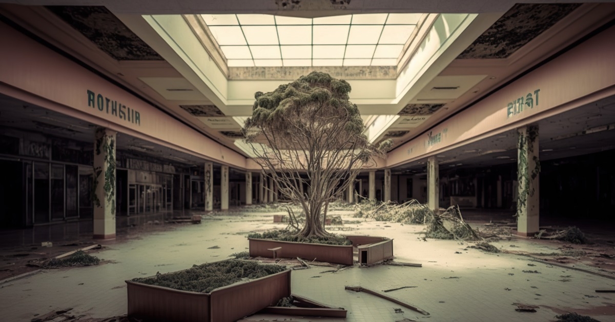 Deserted shopping mall with vines growing