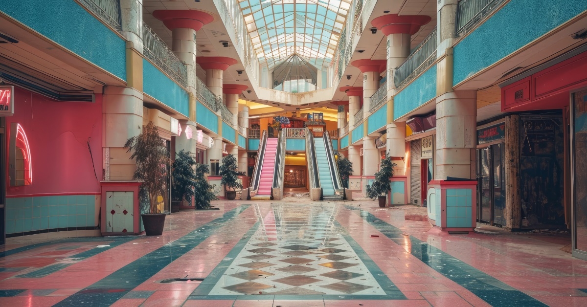 pink and blue themed abandoned mall