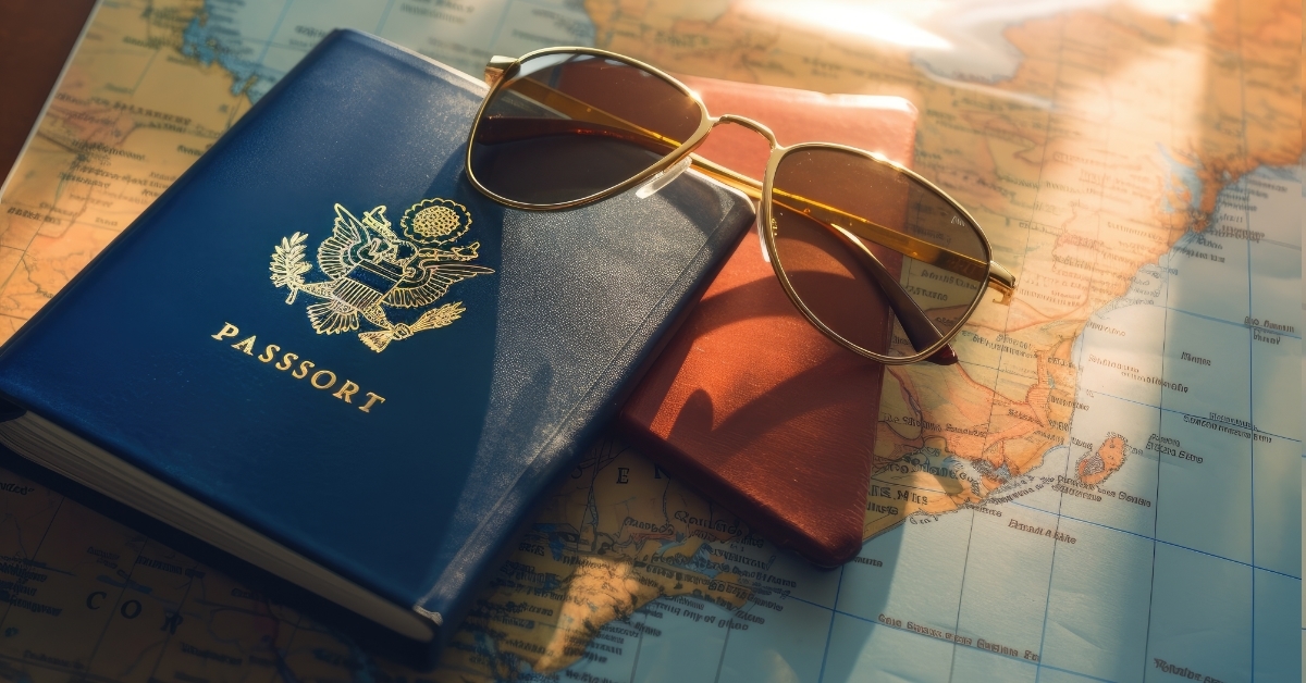 passports sunglasses camera over maps