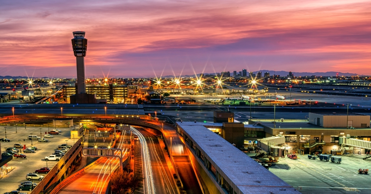 busy airport with golden lights