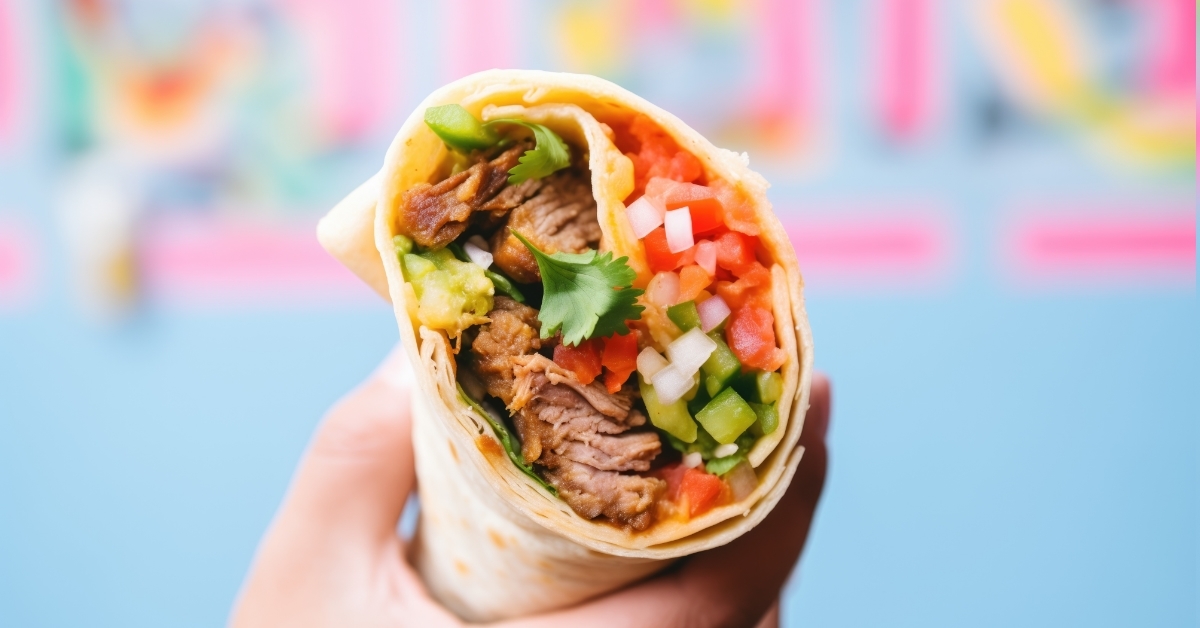 hand holding burrito wrap with salsa