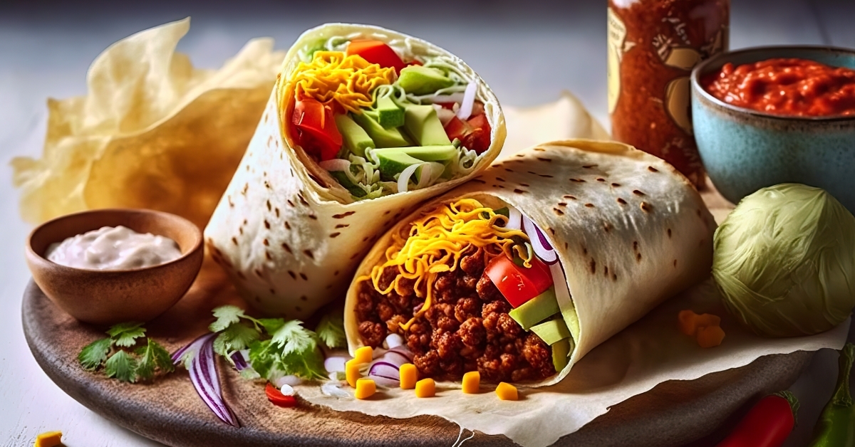 tasty burrito besides ingredients on board