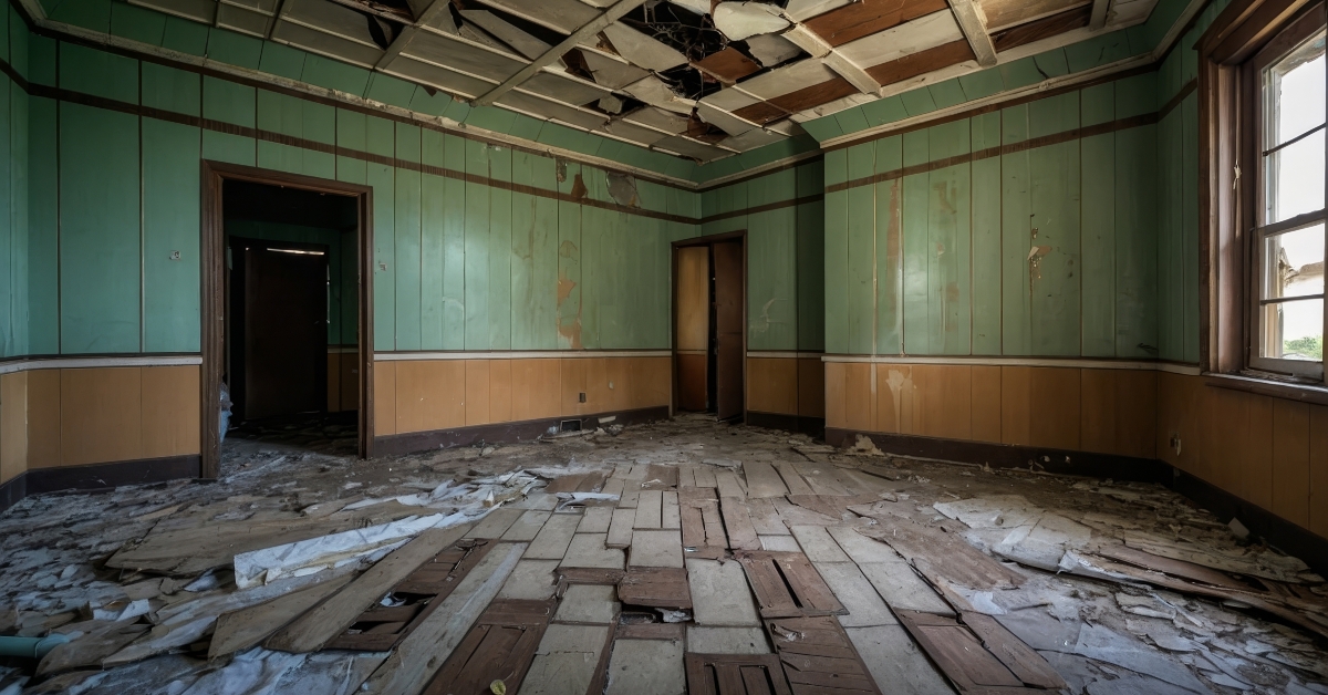 creepy room of a damaged hotel