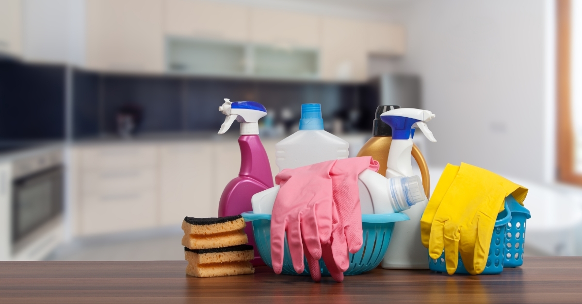Home cleaning service concept with supplies