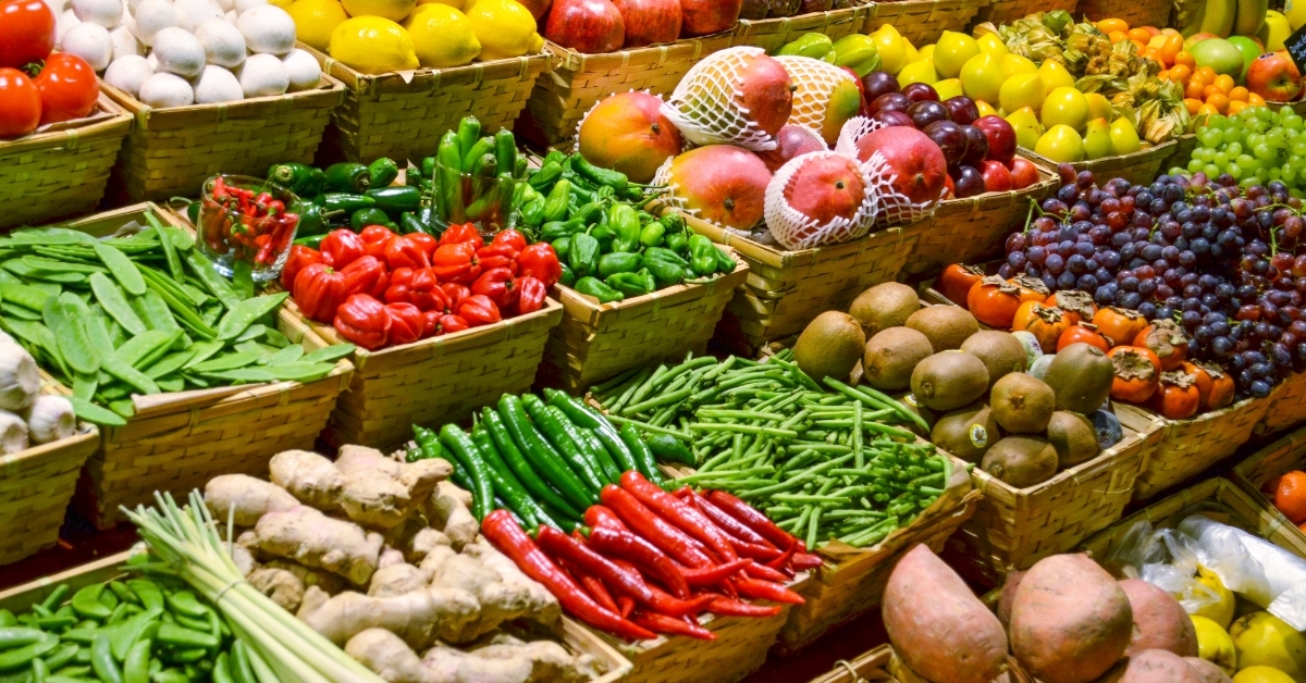 fruits and vegetables at grocery store