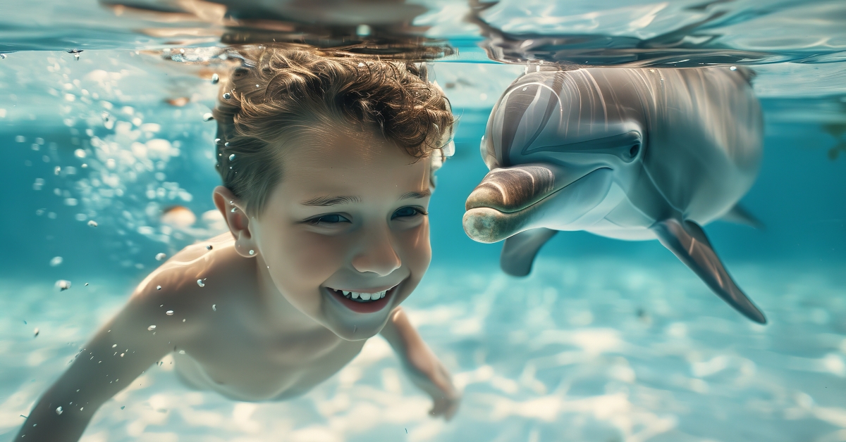 smiling boy swimming alongside dolphin
