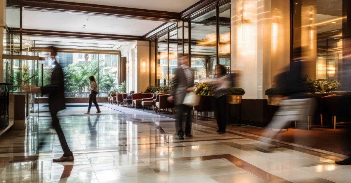 Hotel Lounge with People Walking with Blurry, Motion Effect 