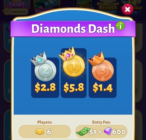 A Bubble Cash tournament called Diamond Dash with a $10 prize pool. 1st place wins $5.80.