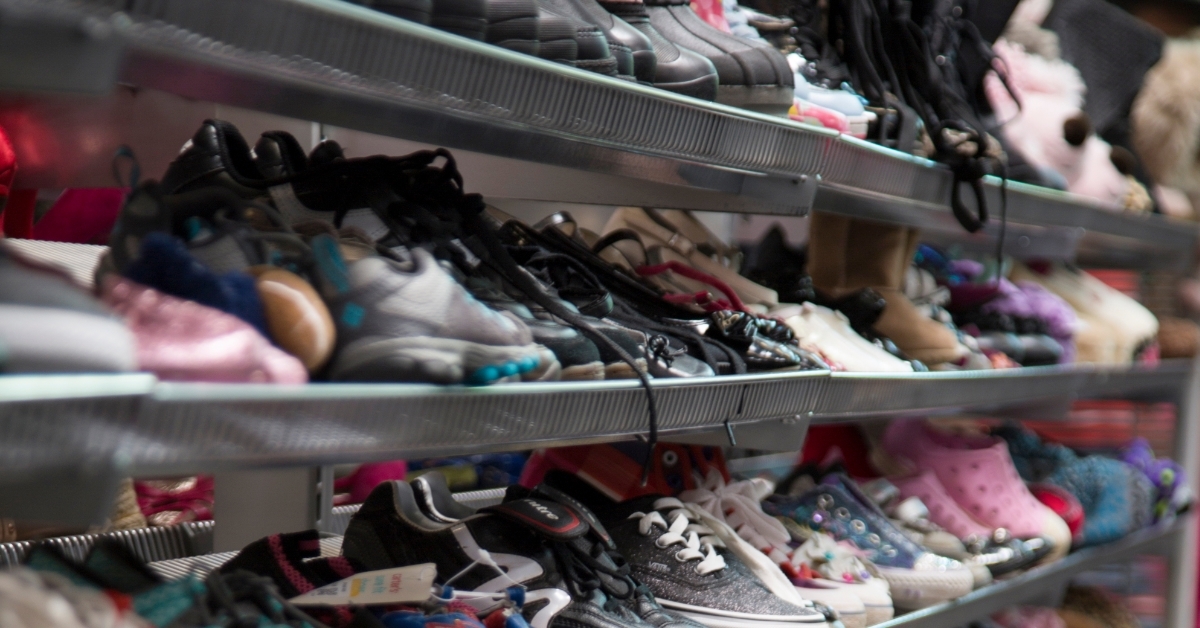 Colorful Childrens shoes shelf at store