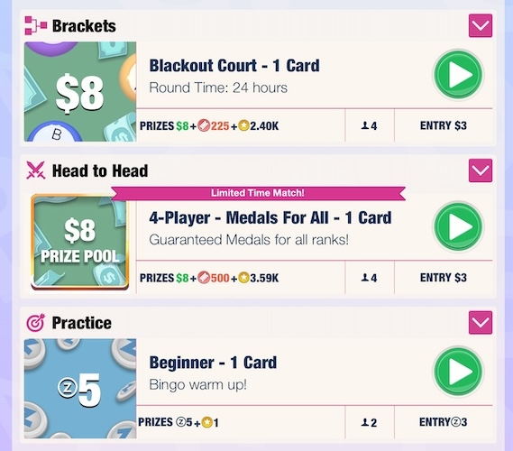 A few types of Blackout Bingo tournaments, including brackets, head-to-head, and practice styles. 