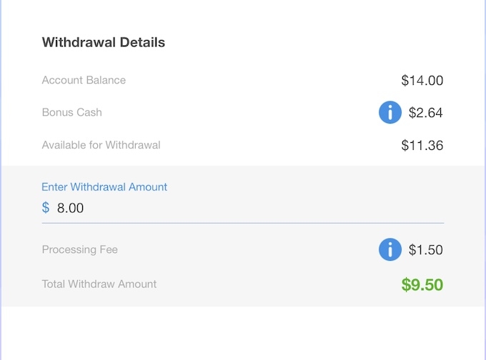 A withdrawal details page from Blackout Bingo showing a $14 account balance and a $9.50 total withdrawal amount.