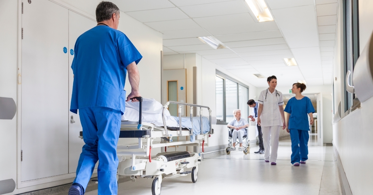 hospital corridor with patient on stretcher