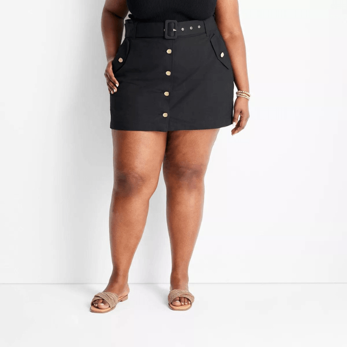 belted button-front mini skirt